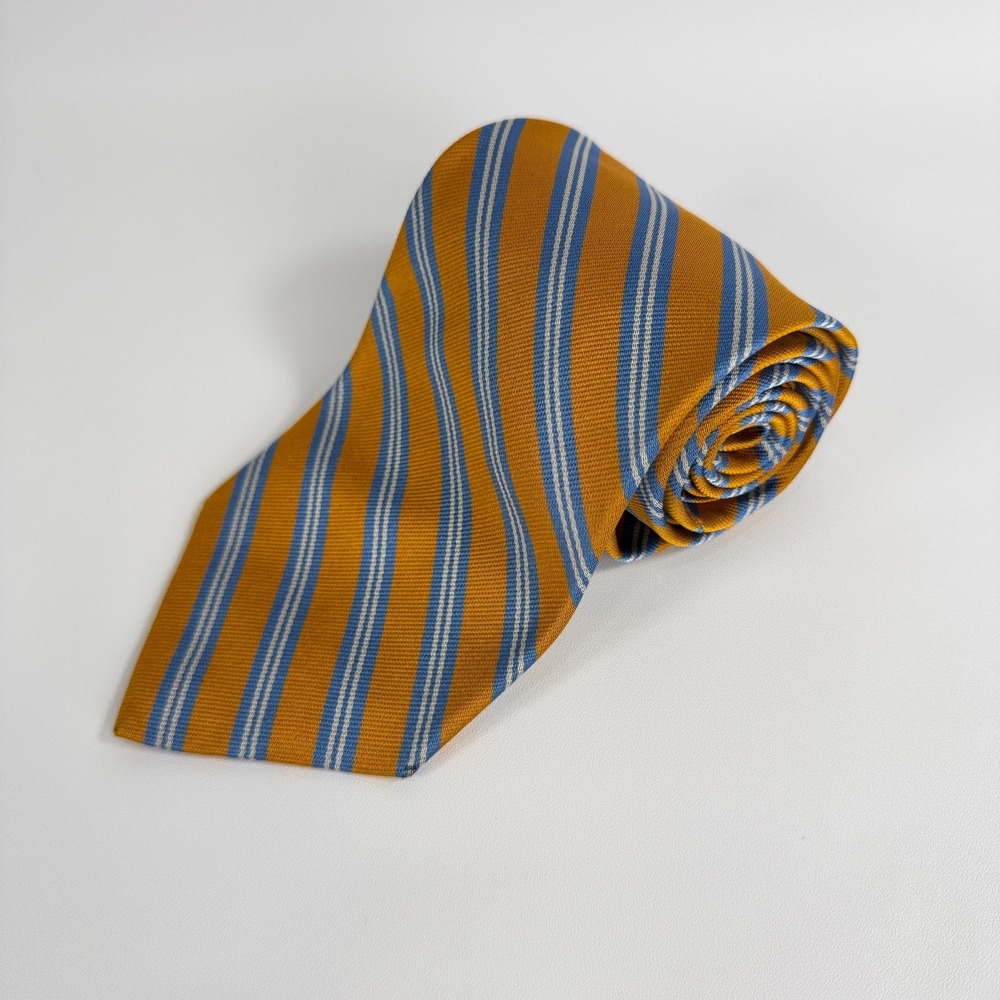 Brooks Brothers Makers Mens Necktie Silk Repp Stripe Gold Blue Woven England USA